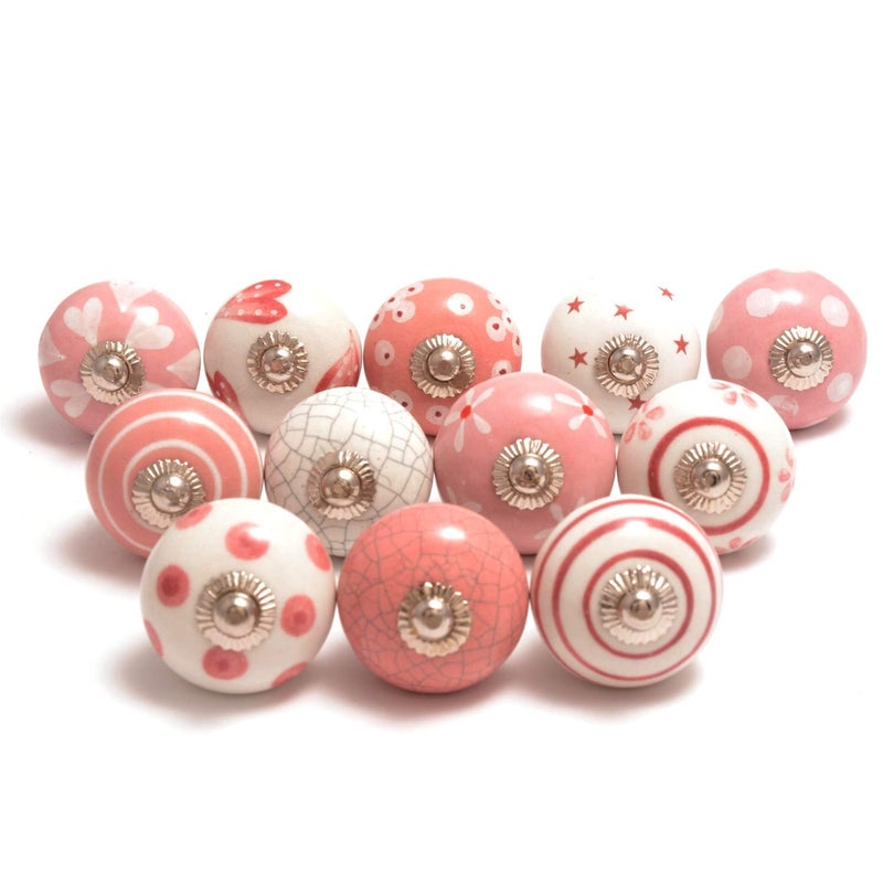Eleet Assorted Ceramic Knobs Premium Quality Vintage Cabinet Cupboard Door & Drawer Pulls Chrome Hardware (12, Pink & White) - Image 1